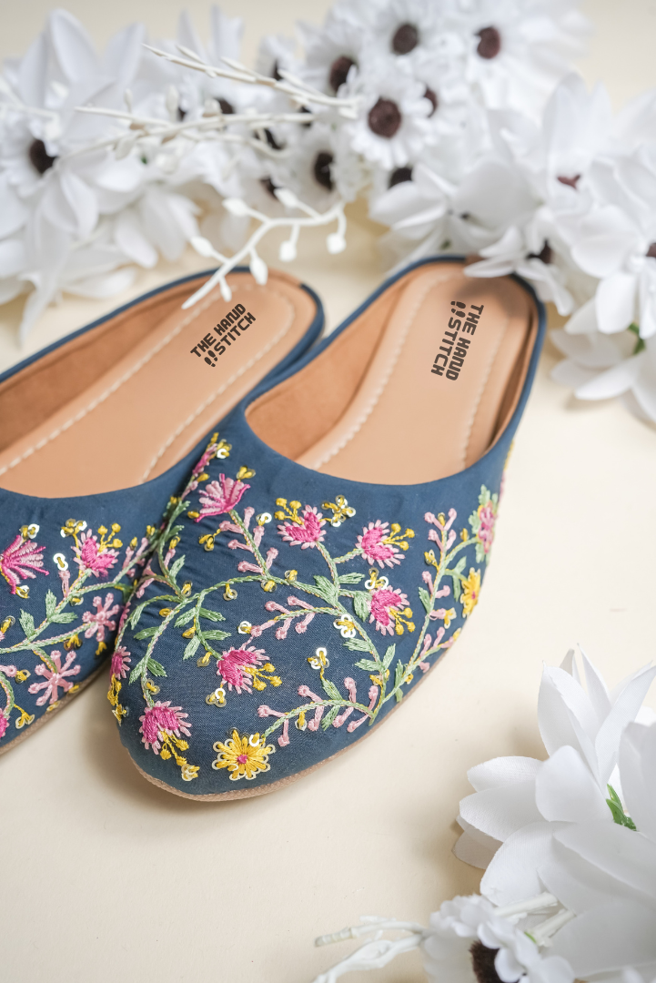 Navy Blue Floral Embroidered Juttis for Women