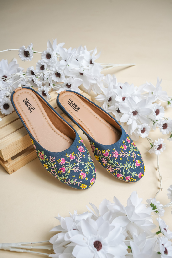 Navy Blue Floral Embroidered Juttis for Women
