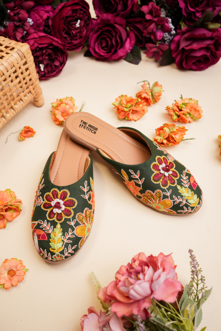 The Hand Stitch Dark Green Floral Embroidered Women Juttis