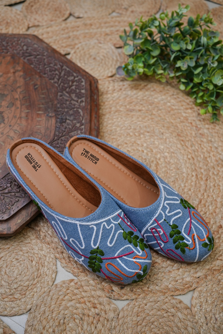 Blue Denim Embroidered Juttis for Women