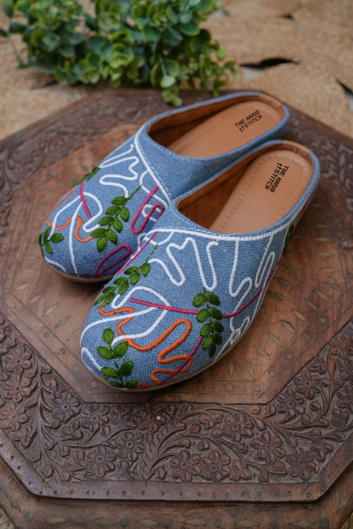 Blue Denim Embroidered Juttis for Women
