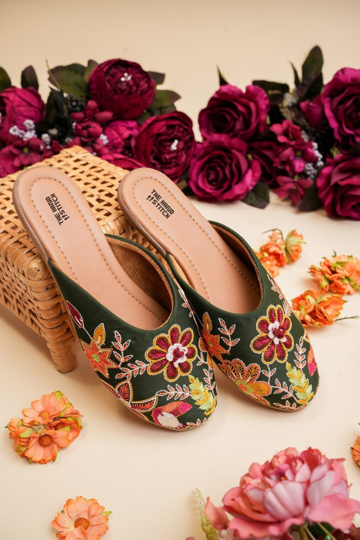 The Hand Stitch Dark Green Floral Embroidered Women Juttis
