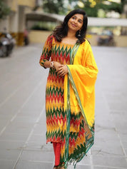 Ikkath suit is vibrant colors and geometric or traditional designs