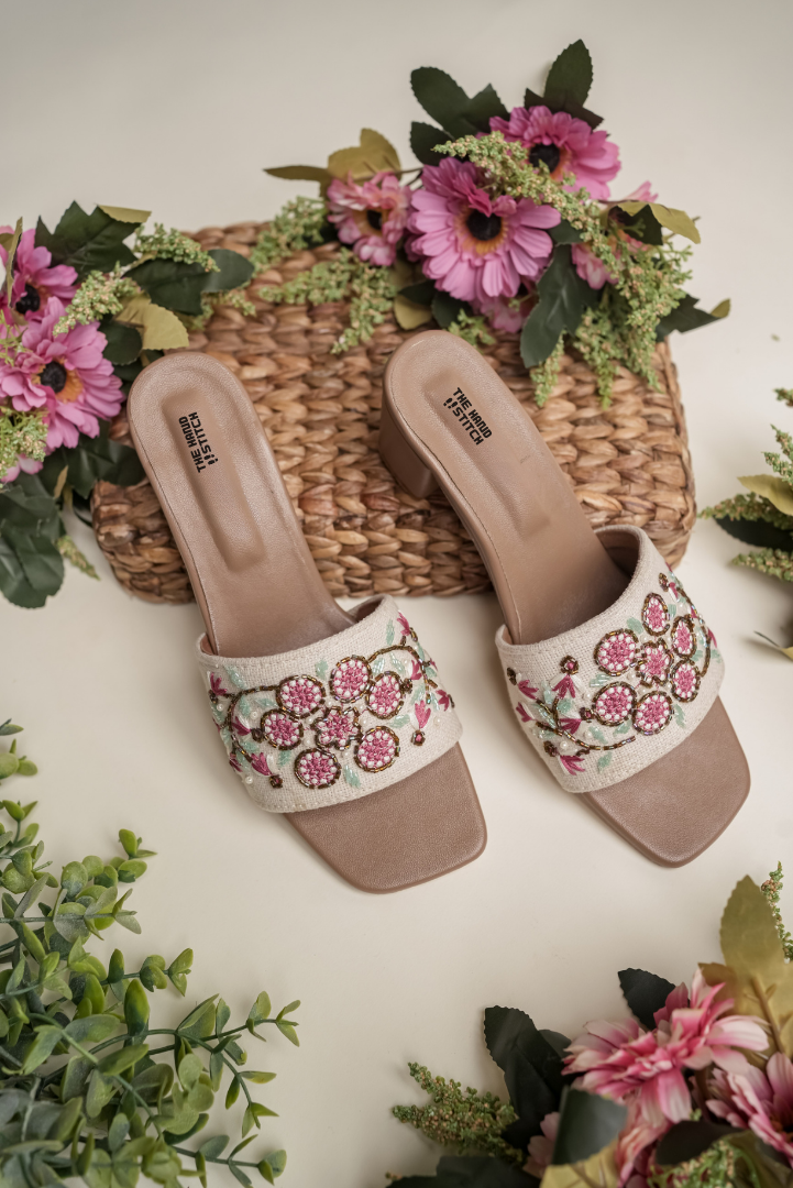 Handcrafted Floral Embroidered Beige Block Heel Slides for Women