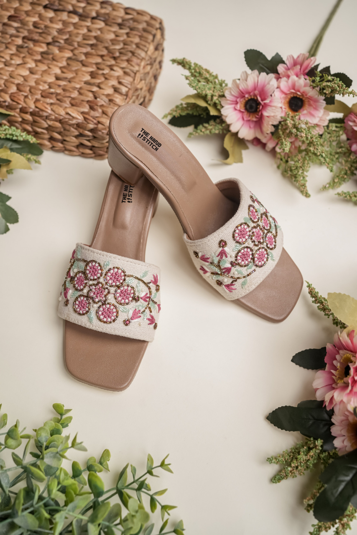 Handcrafted Floral Embroidered Beige Block Heel Slides for Women