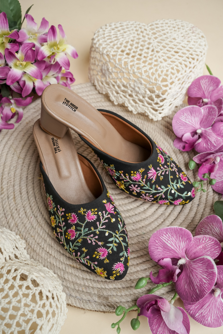 Black Floral Hand Embroidered Ethnic Mules for Women