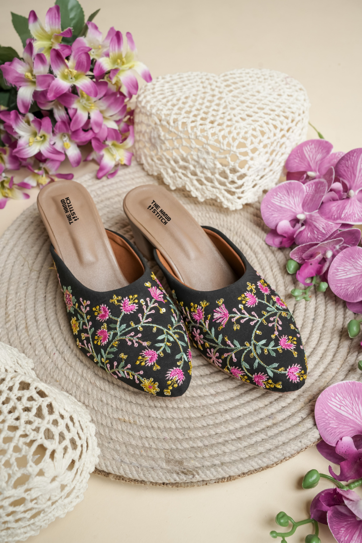 Black Floral Hand Embroidered Ethnic Mules for Women