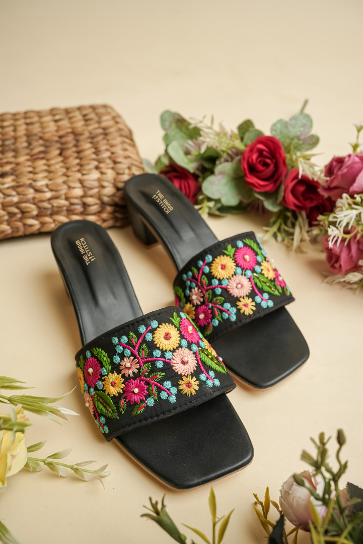 Black Floral Hand Embroidered Ethnic Mules for Women