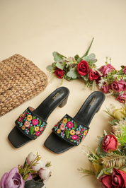 Black Floral Hand Embroidered Ethnic Mules for Women