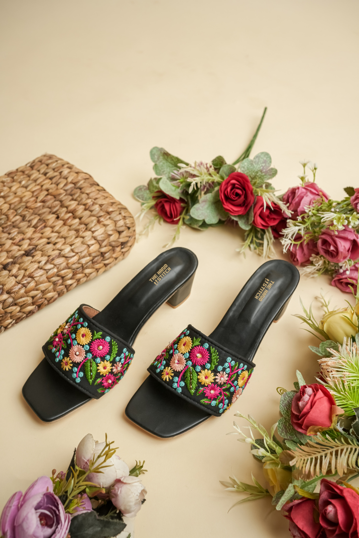 Black Multicolor Floral Embroidered Block Heel Slides for Women