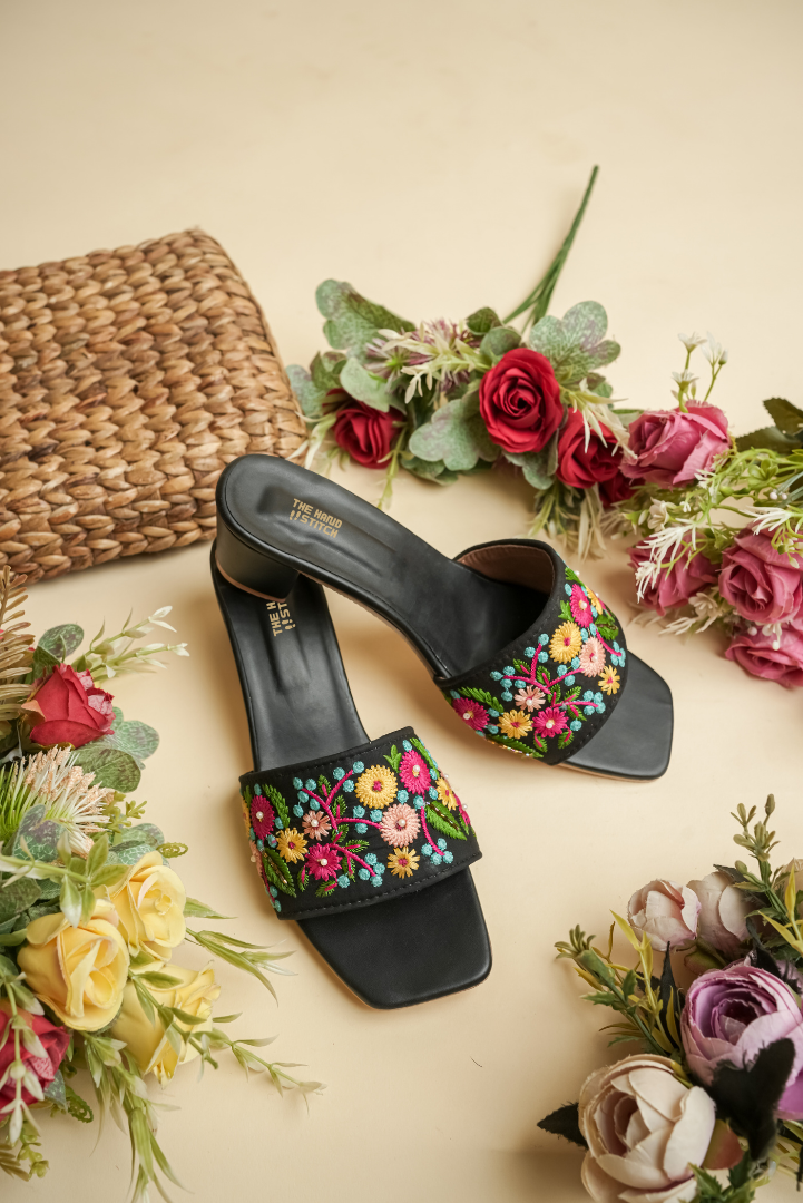 Black Multicolor Floral Embroidered Block Heel Slides for Women