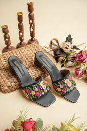 Black Floral Hand Embroidered Ethnic Mules for Women