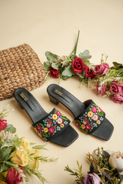 Black Floral Hand Embroidered Ethnic Mules for Women