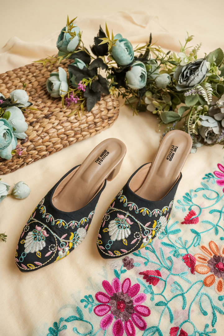 Black Premium Hand Embroidered Closed-Toe Mules for Women
