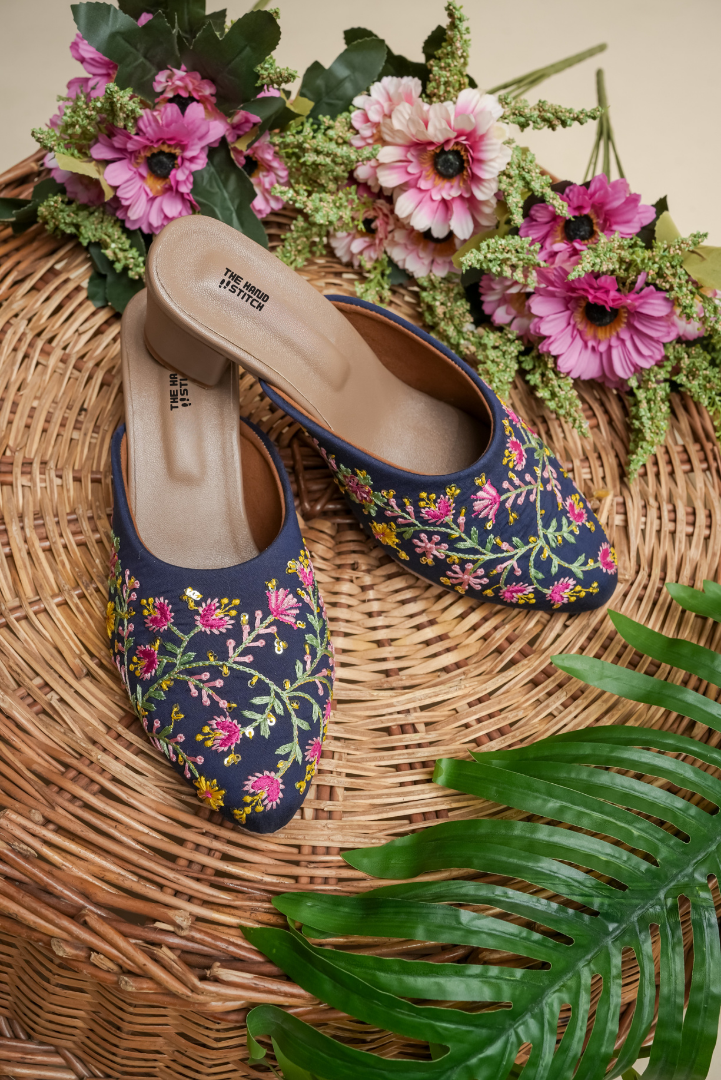Navy Blue Hand-Embroidered Floral Closed Toe Mules for Women