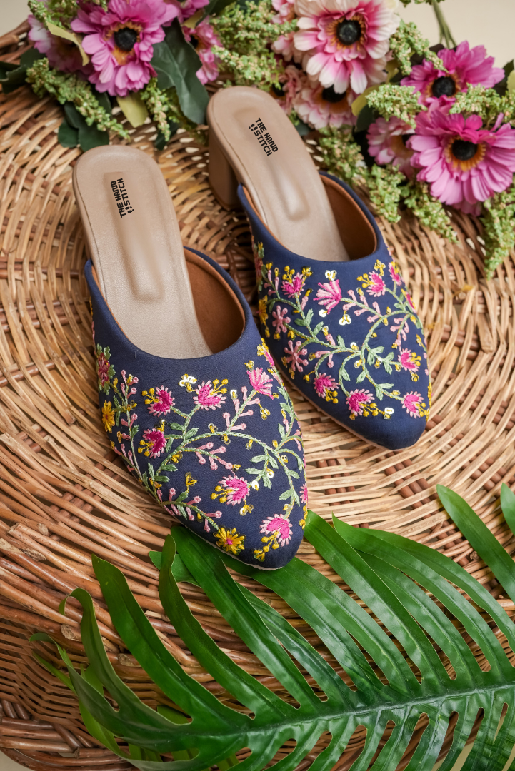 Navy Blue Hand-Embroidered Floral Closed Toe Mules for Women