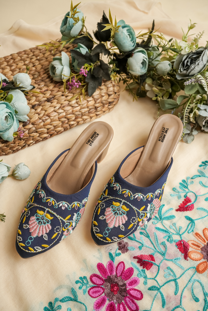 Navy Blue Floral Hand Embroidered Closed-Toe Mules for Women