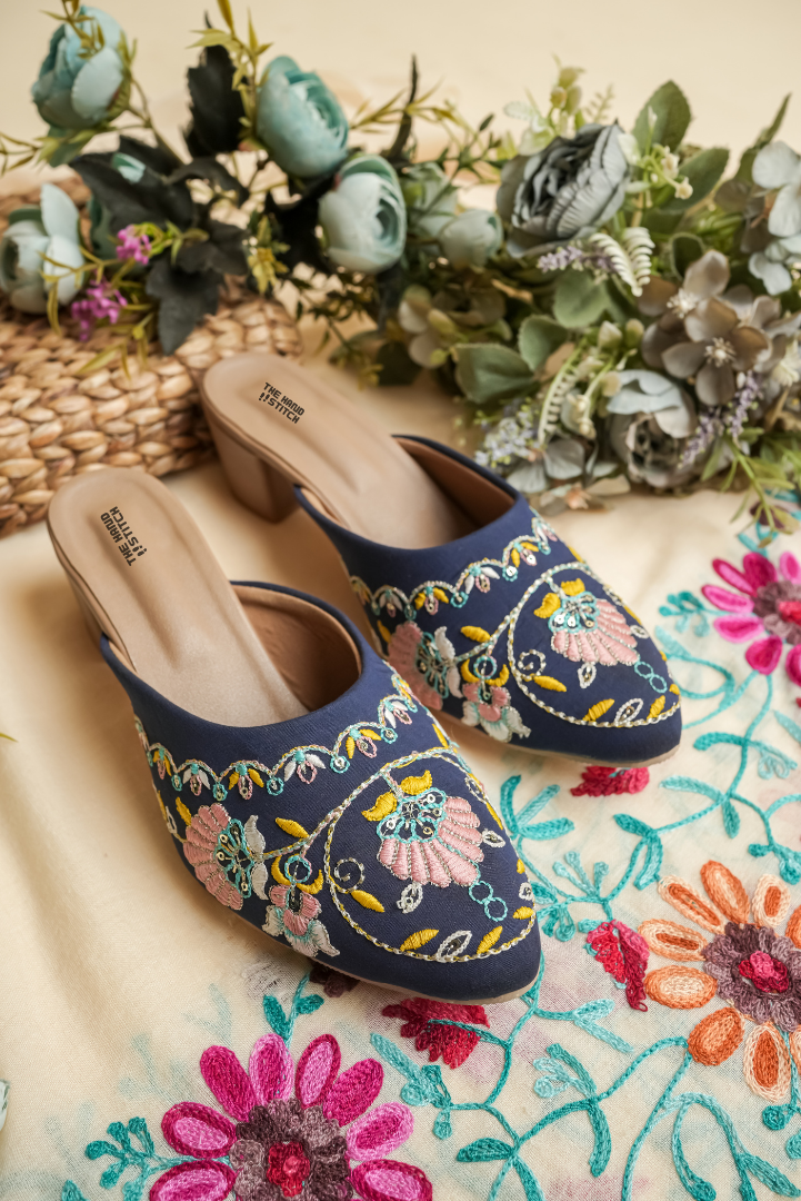 Navy Blue Floral Hand Embroidered Closed-Toe Mules for Women