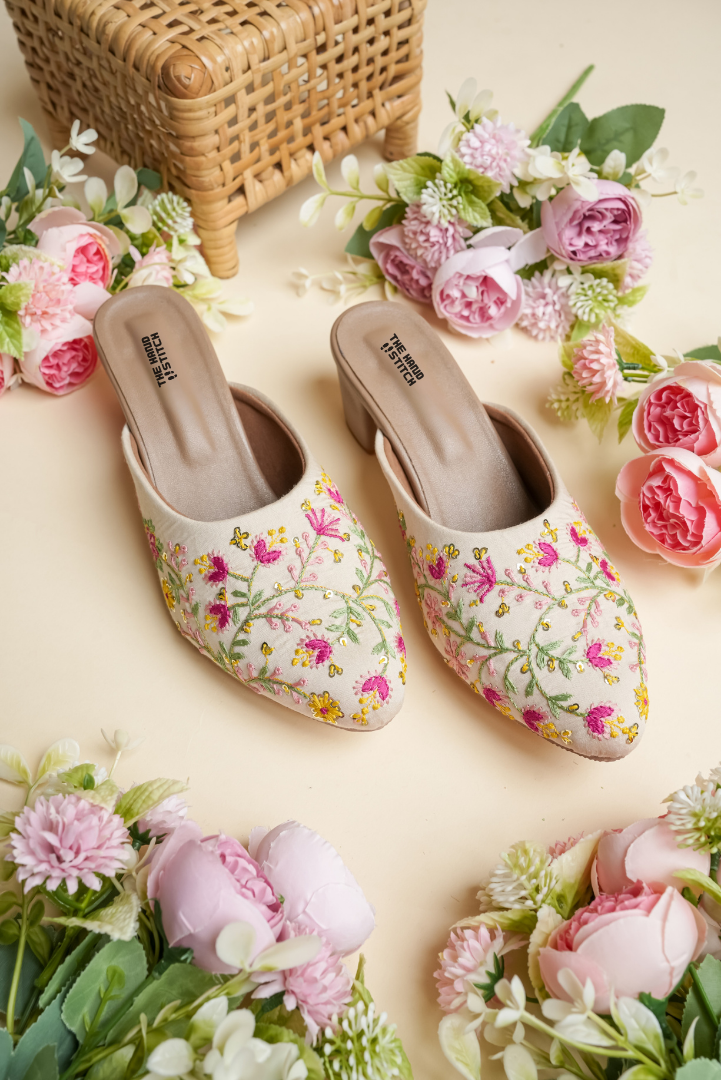 Cream Floral Hand Embroidered Closed-Toe Mules for Women