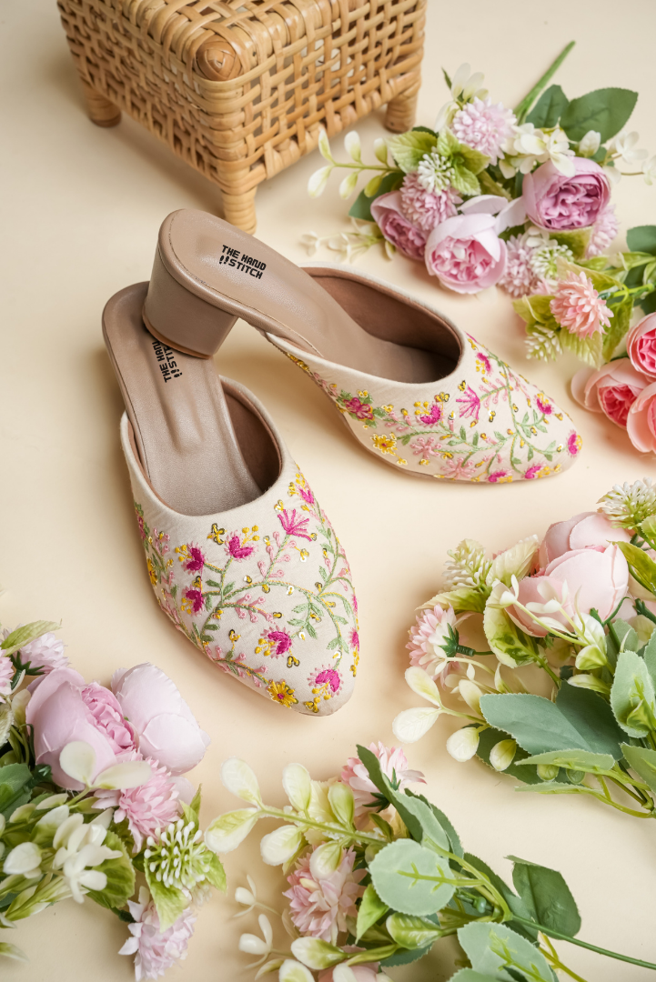 Cream Floral Hand Embroidered Closed-Toe Mules for Women
