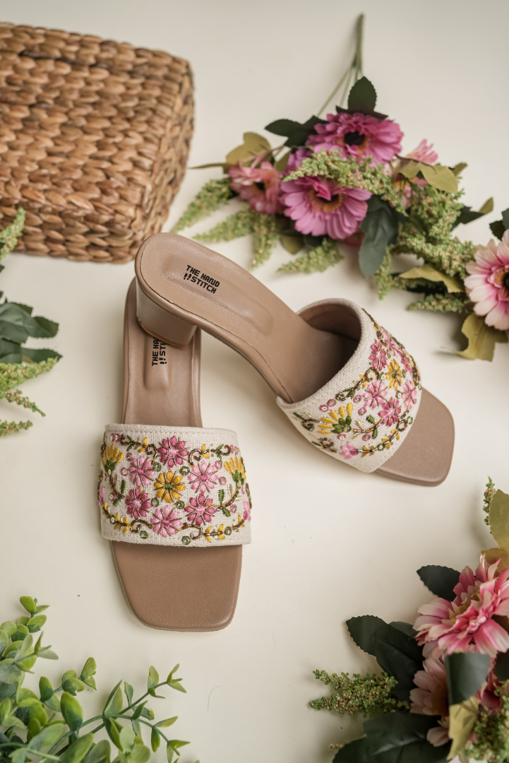 The Hand Stitch Women's Floral Embroidered Block Heels