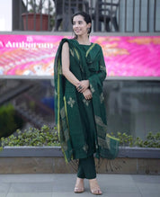 Women Dark Green Woven Design Kurta Set with Dupatta | Elegant Ethnic Wear