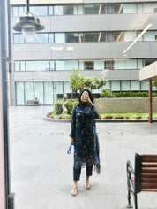 Women Navy Blue Printed Kurta Set with Dupatta | Stylish Ethnic Wear