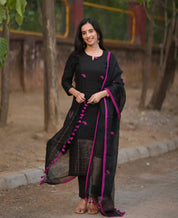 Women Premium Black Handloom Kurta Set with Zari Border & Tassel Dupatta