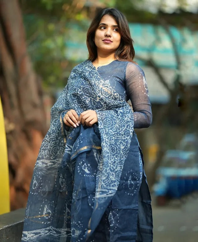 Women Navy Blue Printed Kurta Set with Dupatta