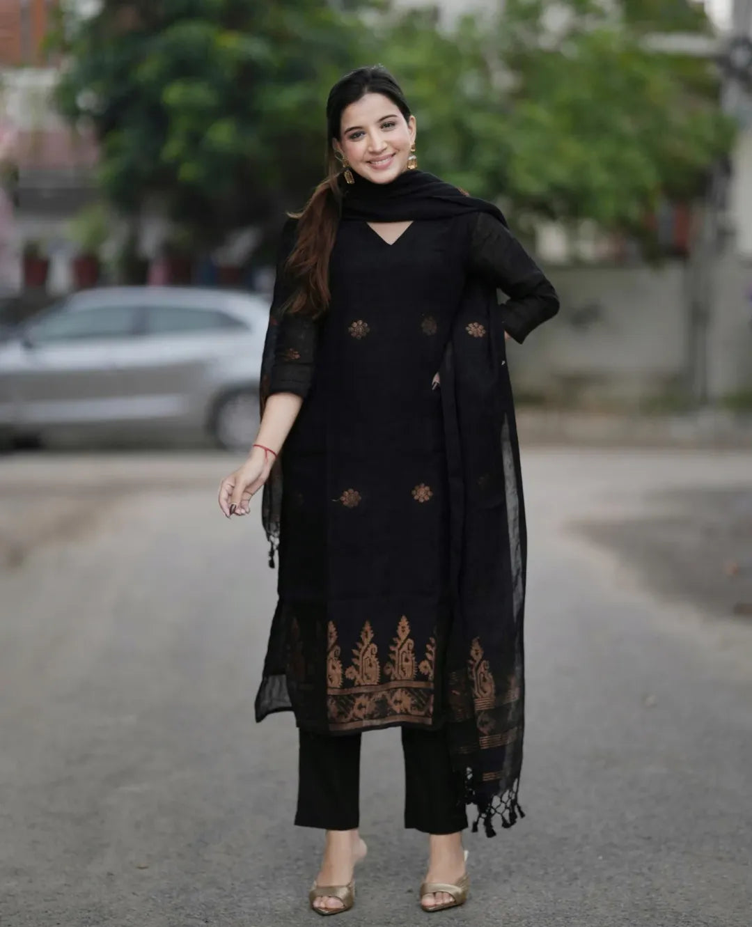 Women Black Printed Kurta Set with Dupatta | Elegant Ethnic Wear
