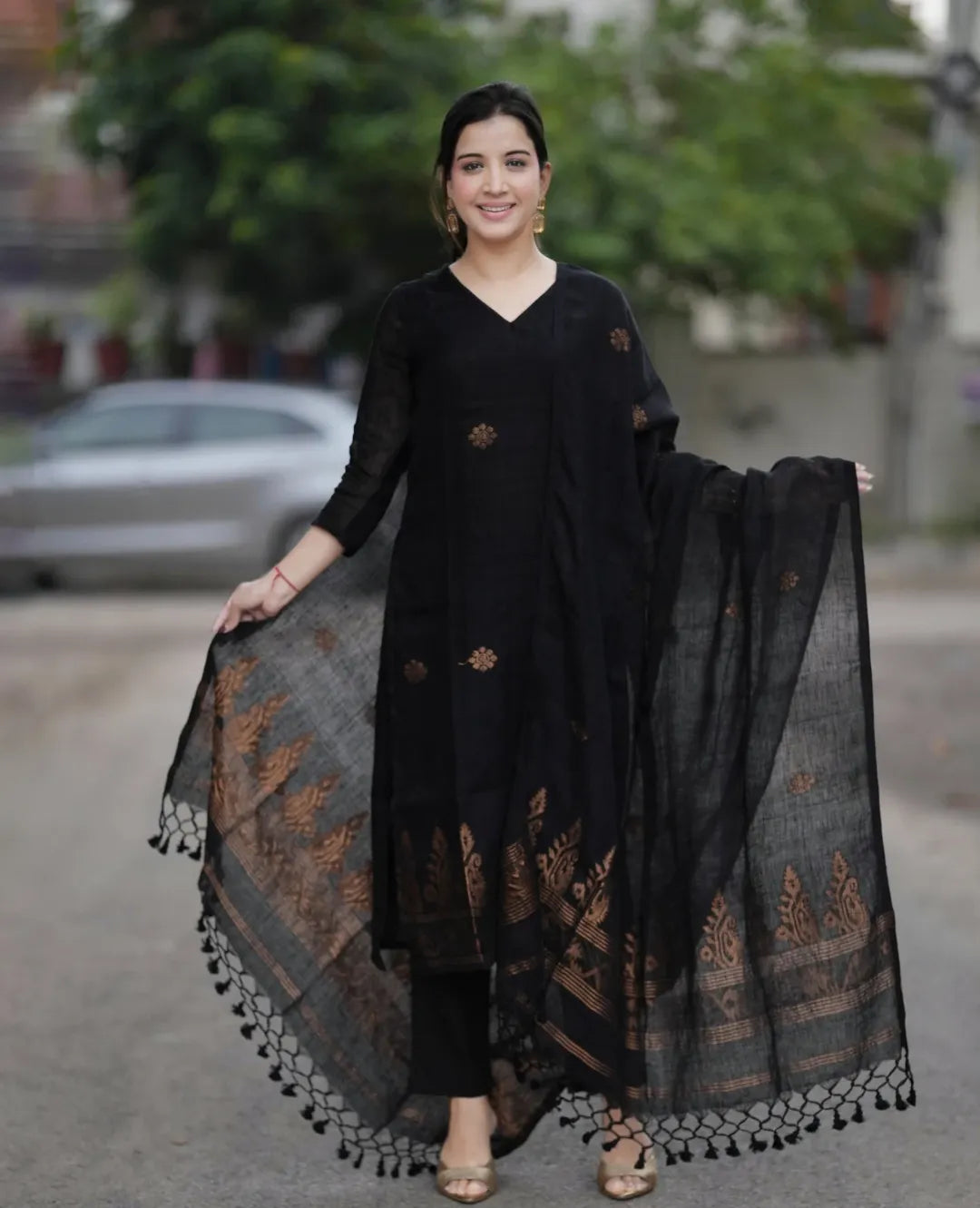 Women Black Printed Kurta Set with Dupatta | Elegant Ethnic Wear