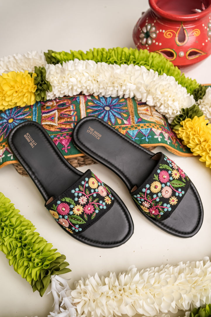 Handcrafted Black Floral Embroidered Women’s Slide Sandals