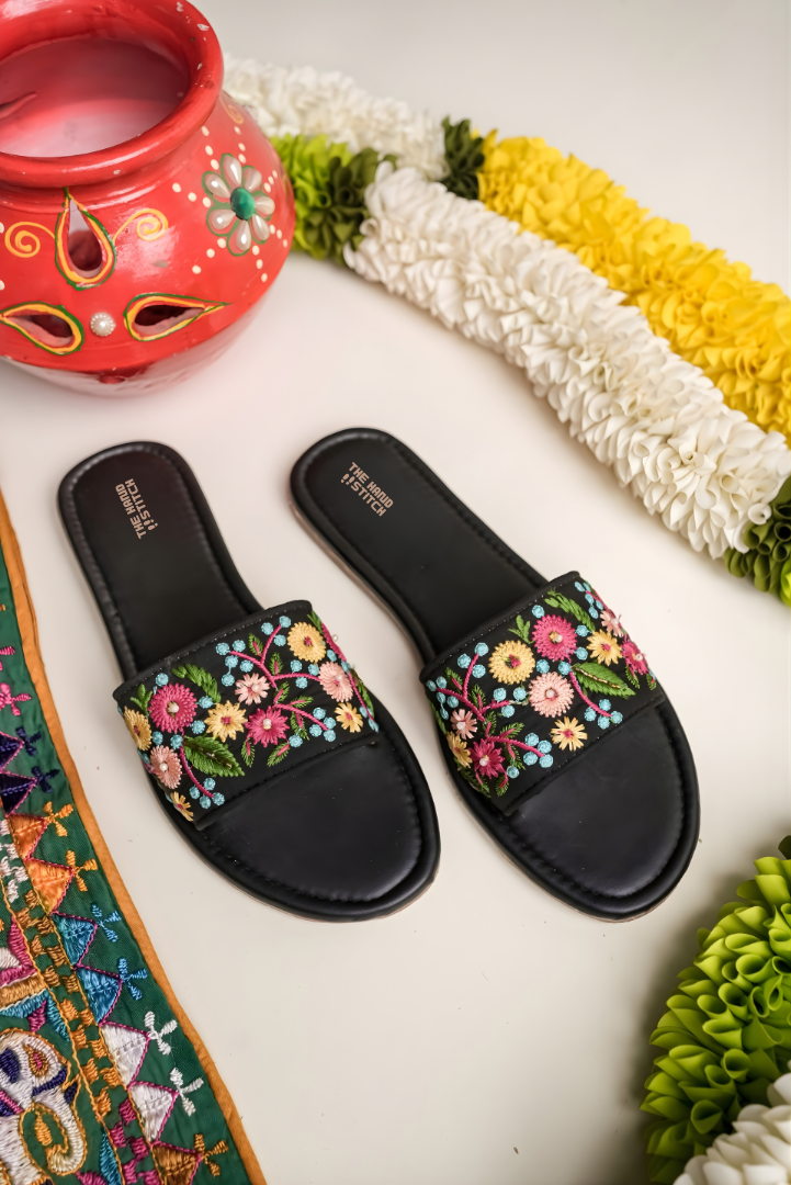Handcrafted Black Floral Embroidered Women’s Slide Sandals