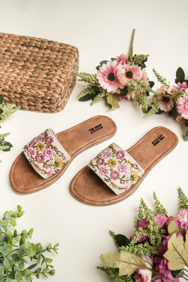 Handmade Beige Floral Embroidered Women’s Slide Sandals