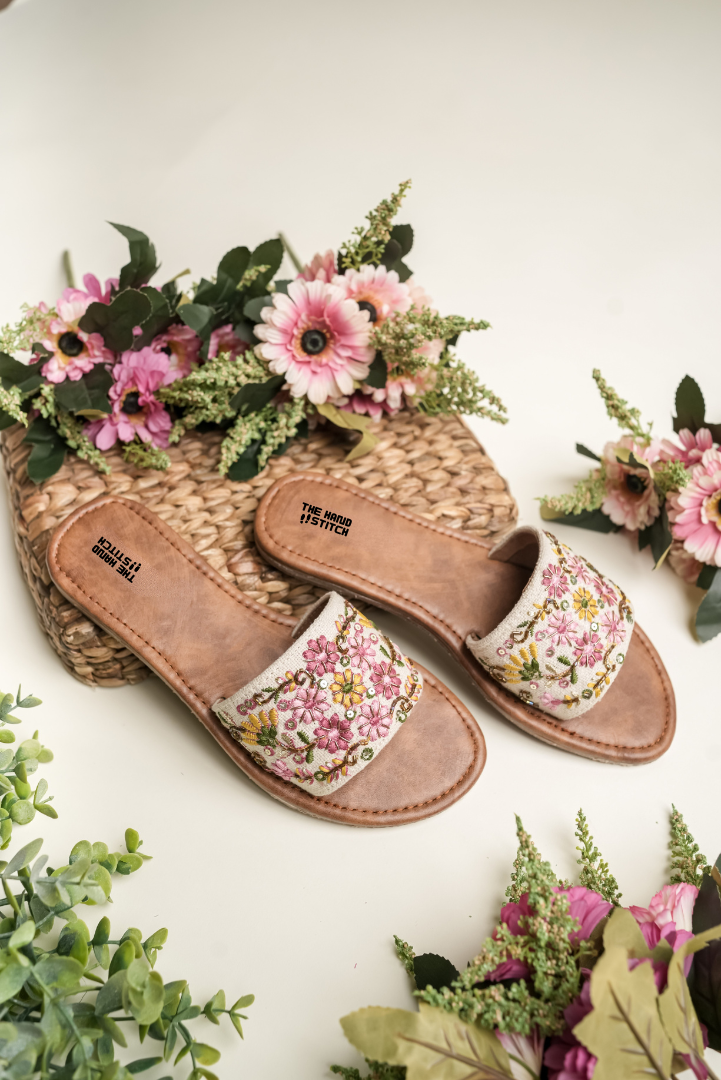 Handmade Beige Floral Embroidered Women’s Slide Sandals