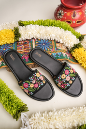 Handcrafted Black Floral Embroidered Women’s Slide Sandals