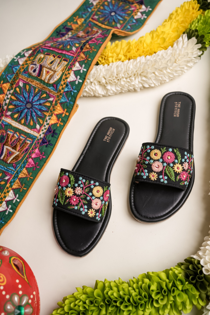 Handcrafted Black Floral Embroidered Women’s Slide Sandals