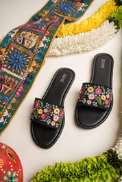 Handcrafted Black Floral Embroidered Women’s Slide Sandals