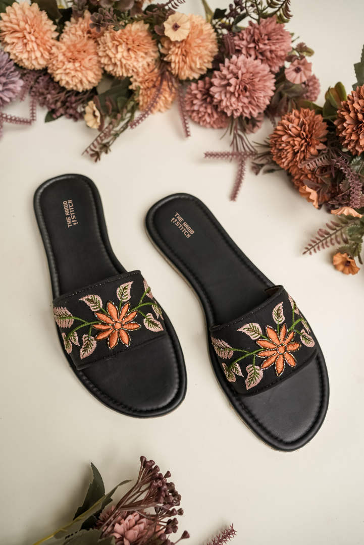 Handmade Beige Floral Embroidered Women’s Slide Sandals