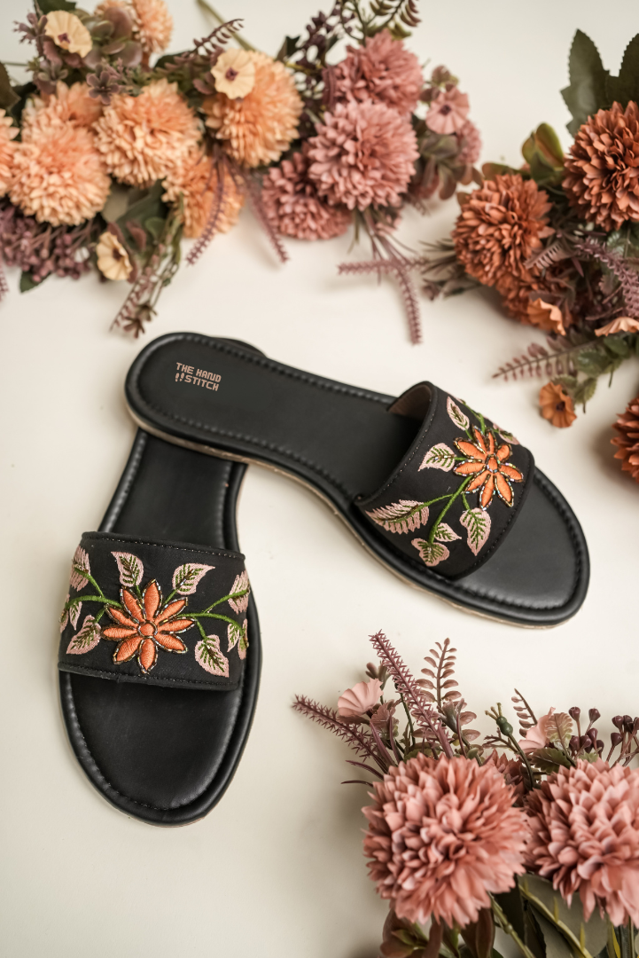 Handmade Beige Floral Embroidered Women’s Slide Sandals