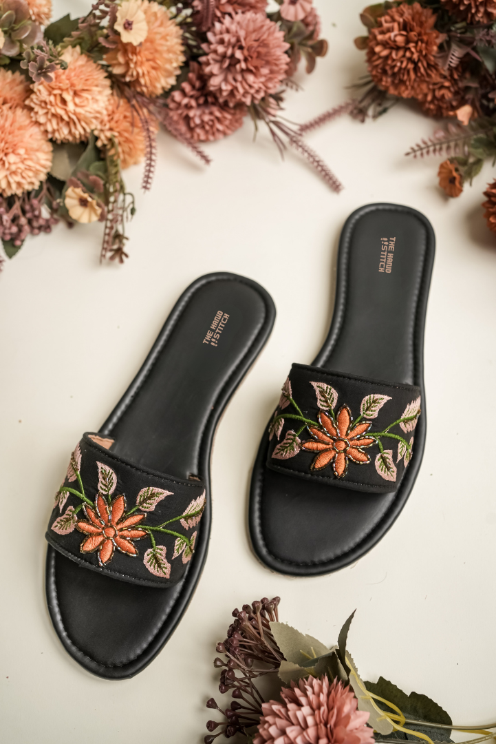 Handmade Beige Floral Embroidered Women’s Slide Sandals