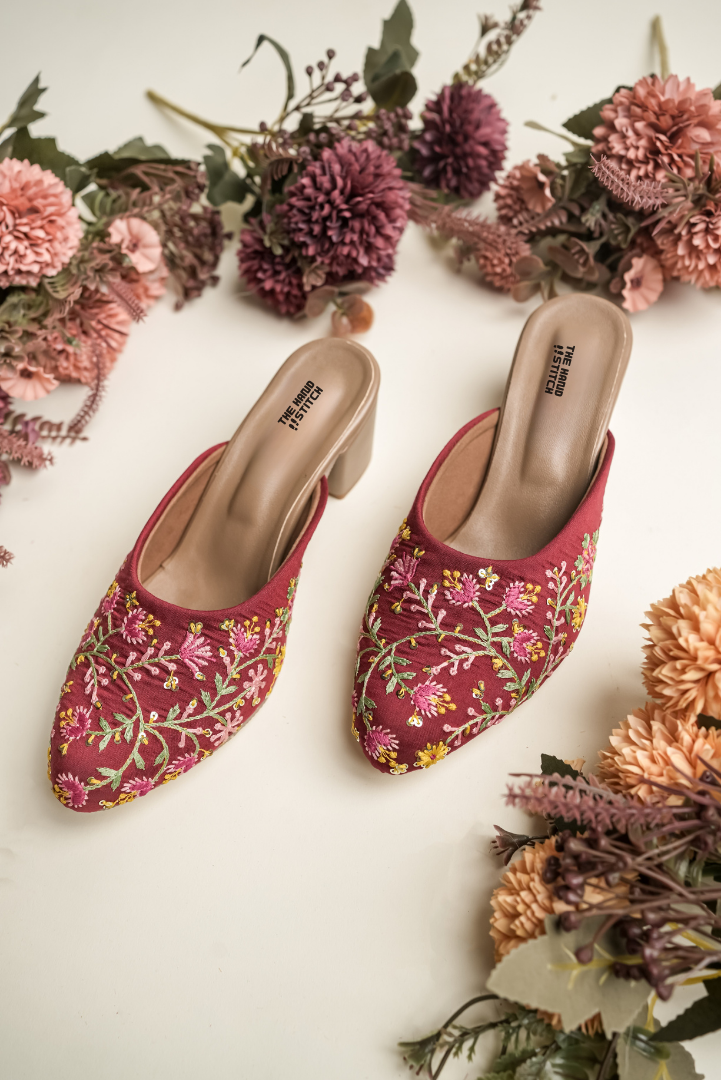 Maroon Floral Embroidered Closed Toe Block Heel Mules for Women