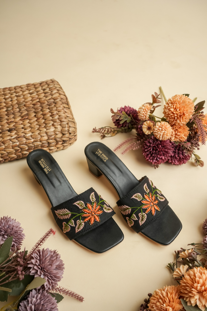 Women’s Orange Floral Embroidered Black Heels