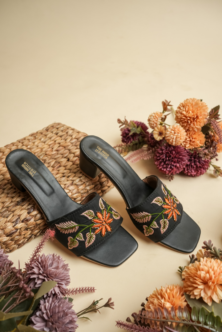 The Hand Stitch Women’s Orange Floral Embroidered Black Heels