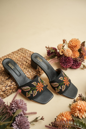 Women’s Orange Floral Embroidered Black Heels
