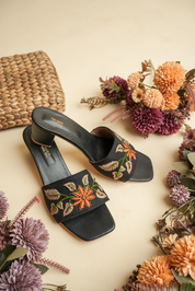 Women’s Orange Floral Embroidered Black Heels