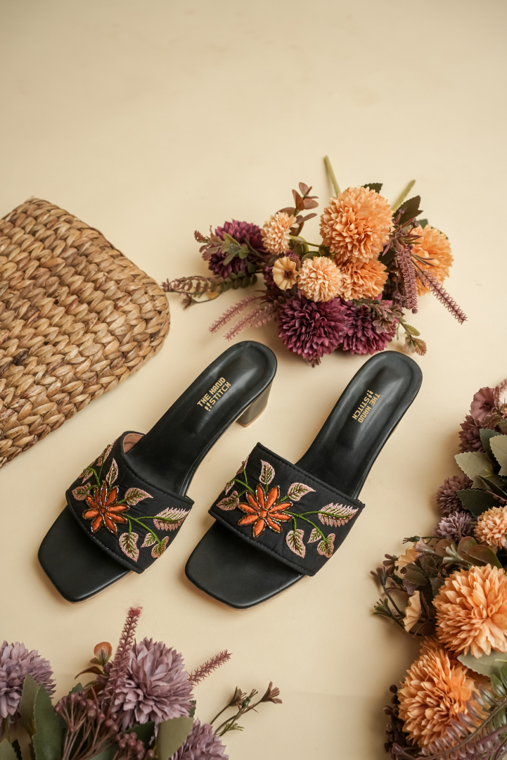 Women’s Orange Floral Embroidered Black Heels