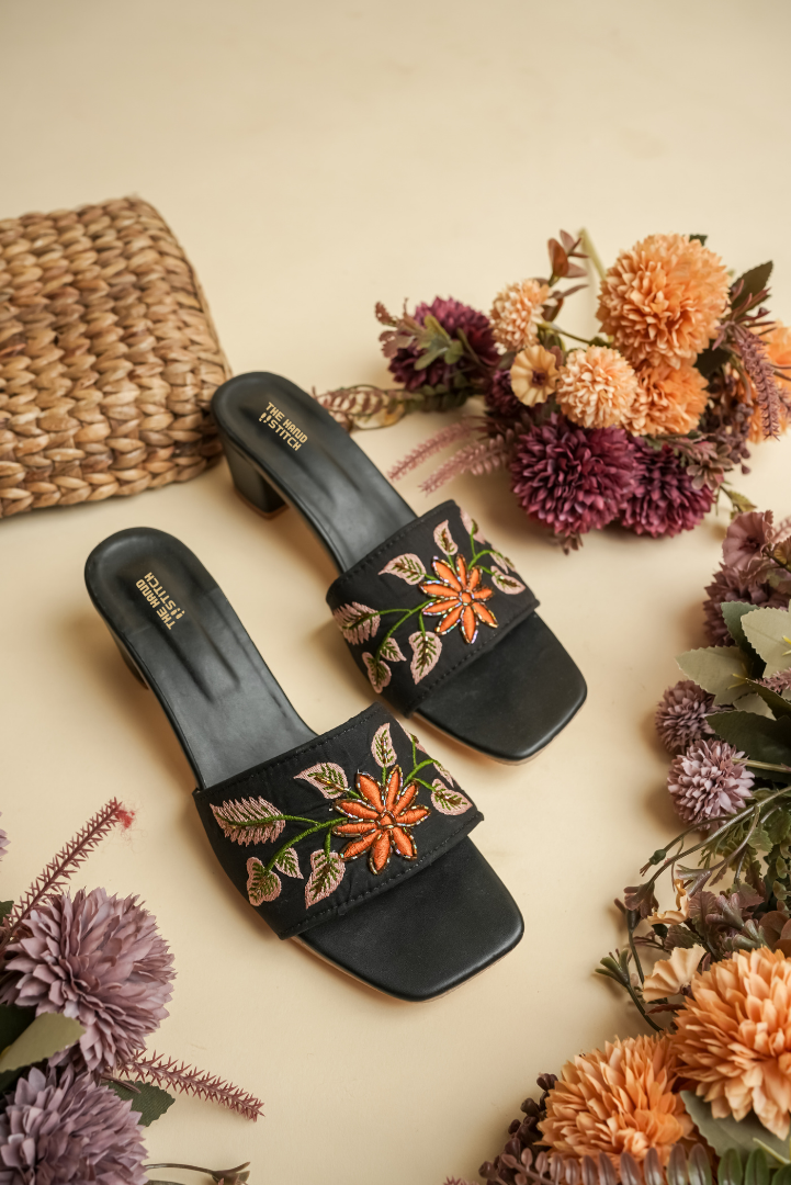 Women’s Orange Floral Embroidered Black Heels