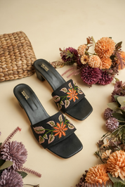 Women’s Orange Floral Embroidered Black Heels