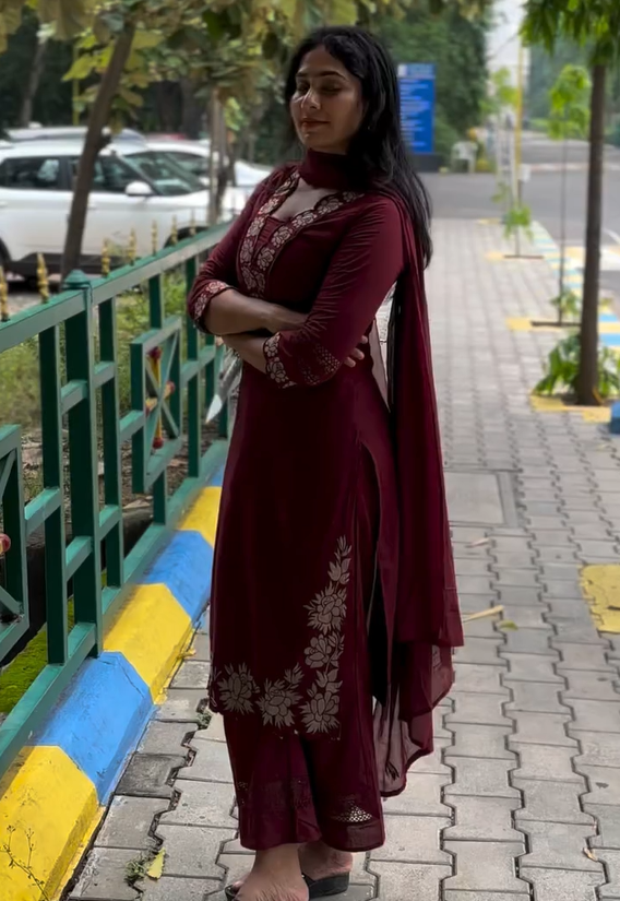 Brown Kurta Set with Blue Dupatta for Women Elegant Ethnic Wear